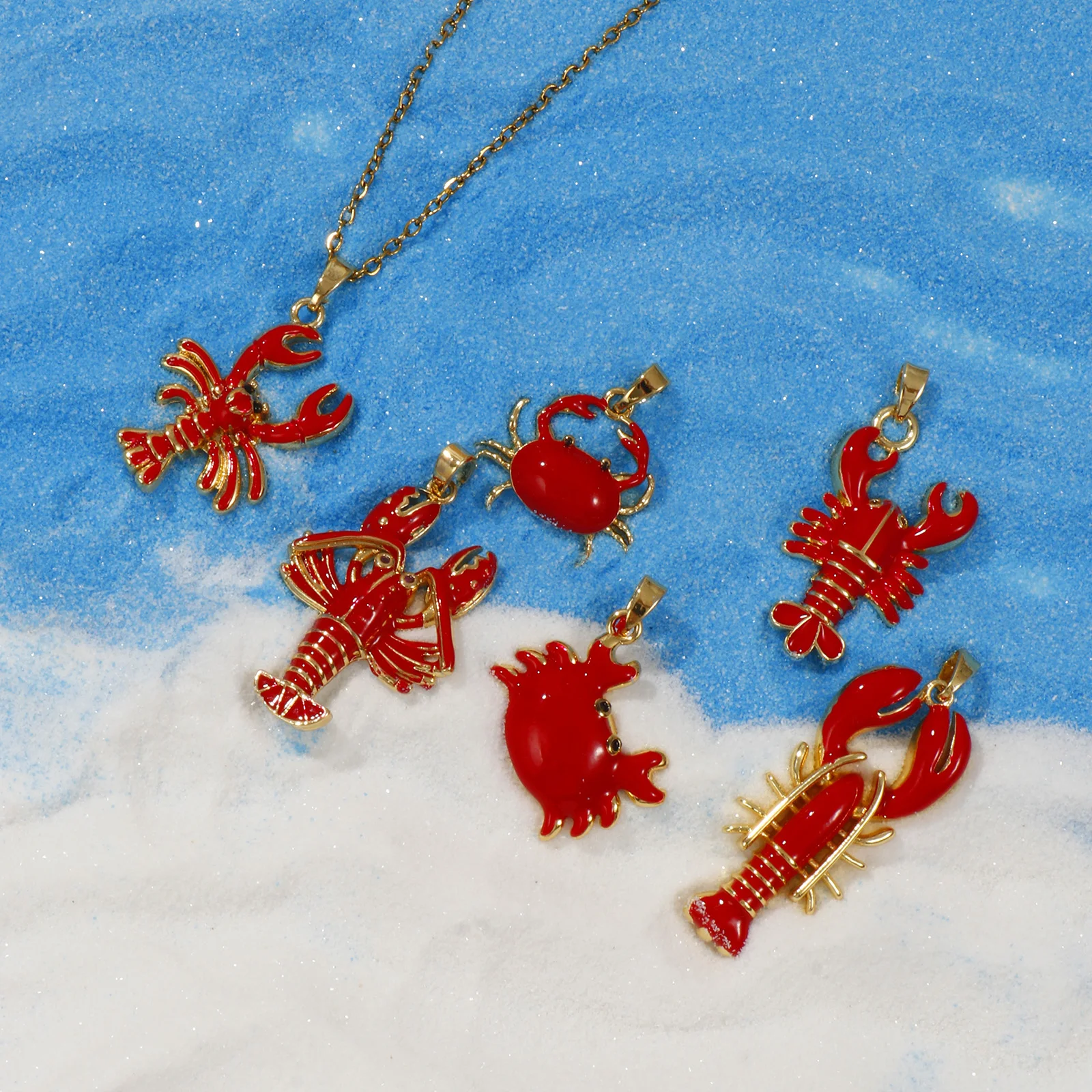 2-Piece 18K Gold Plated Red Enamel Crab Charm Pendants