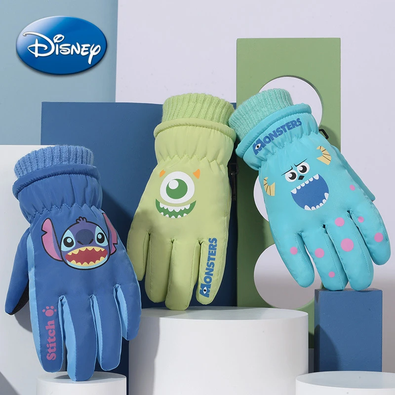 Disney Stitch Kid Ski Gloves Cotton Plus Velvet Thicken Coldproof Cartoon Glove Waterproof Windproof Winter Warm Play Snow Gifts