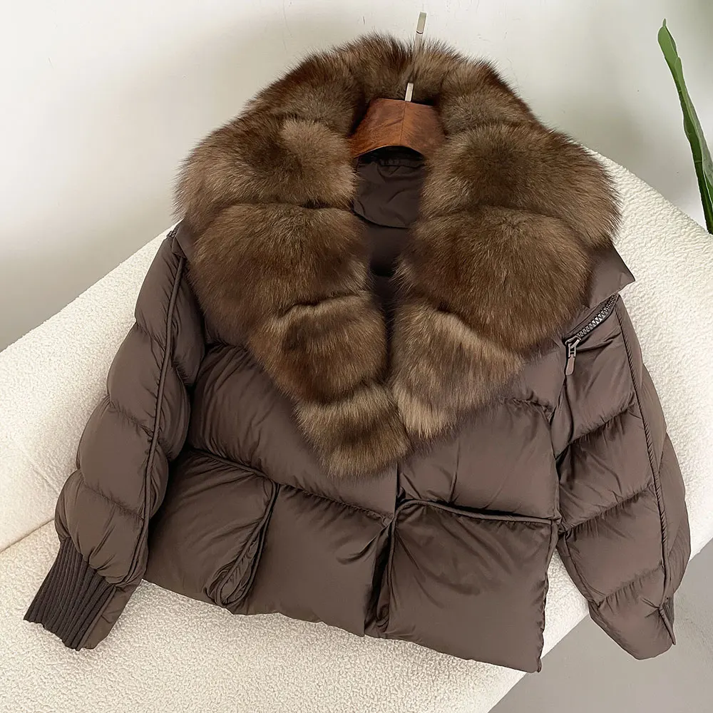 Real Raccoon Fox Fur Collar Coat Women Thick Warm Streetwear Casual Outerwear 2024 Winter Natural White Duck Down Jacket