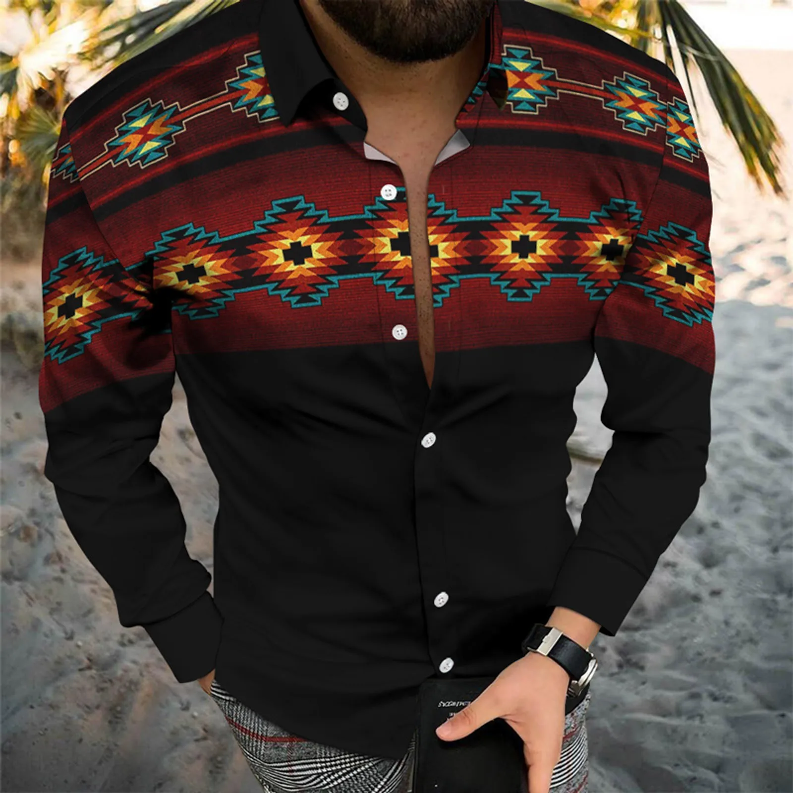 Camisa hawaiana de manga larga con estampado 3D para hombre, blusa informal, ajustada, Estilo Vintage, étnico, Occidental, a la moda, Social