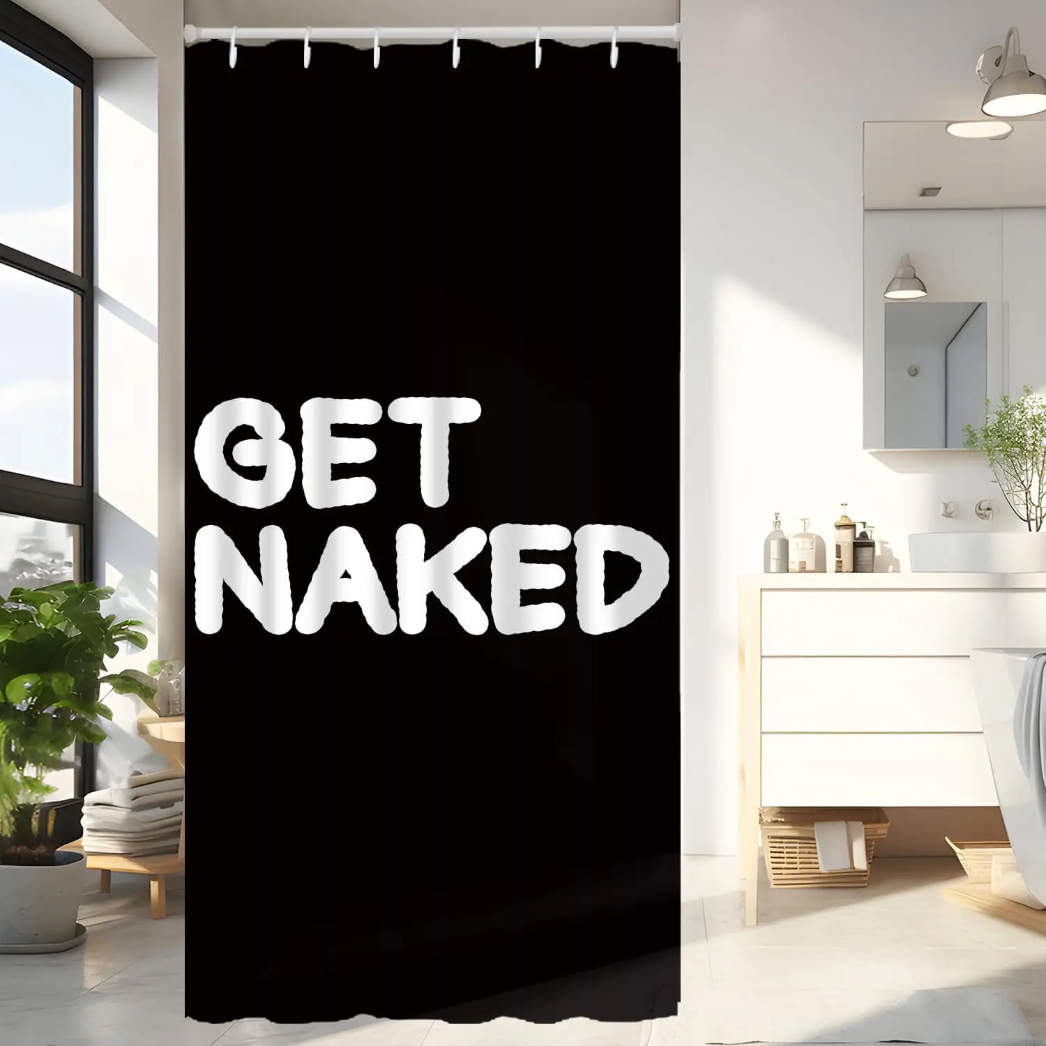

Black Background Get Naked Text Shower Curtain Bold Funny Quote Bathroom Decor Modern Minimalist Statement Art