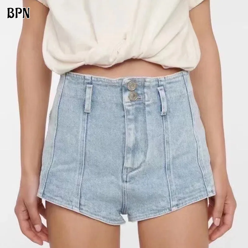 

BPN Vintage Blue Denim Short For Women Patchwork Button Minimalist Korean Straight Shorts Female New 2021 Summer Fashion Clothes