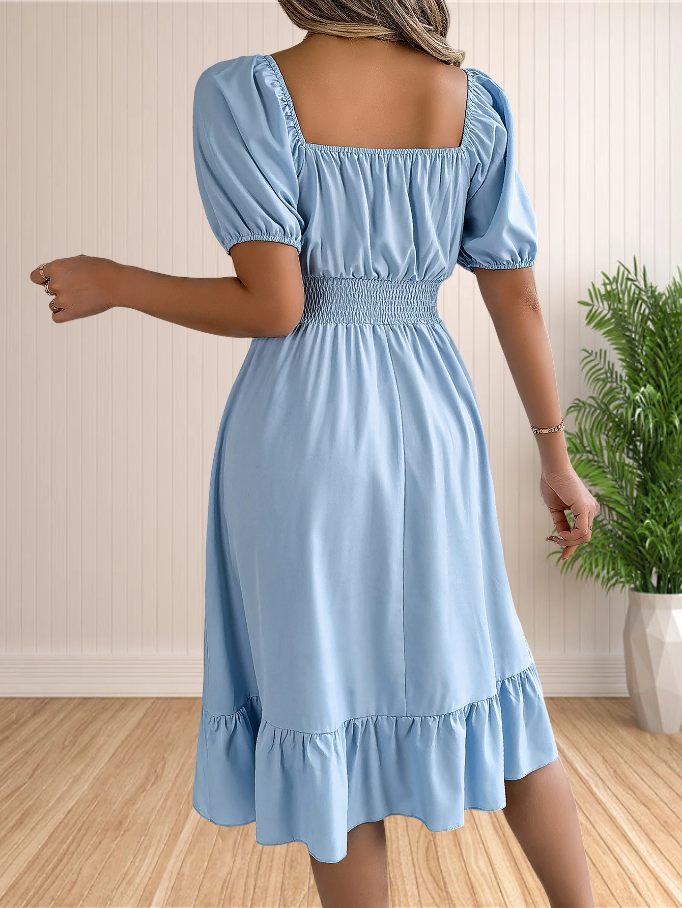 Damska sukienka Boho z kwadratowym dekoltem i krótkim rękawem, wiązana z przodu