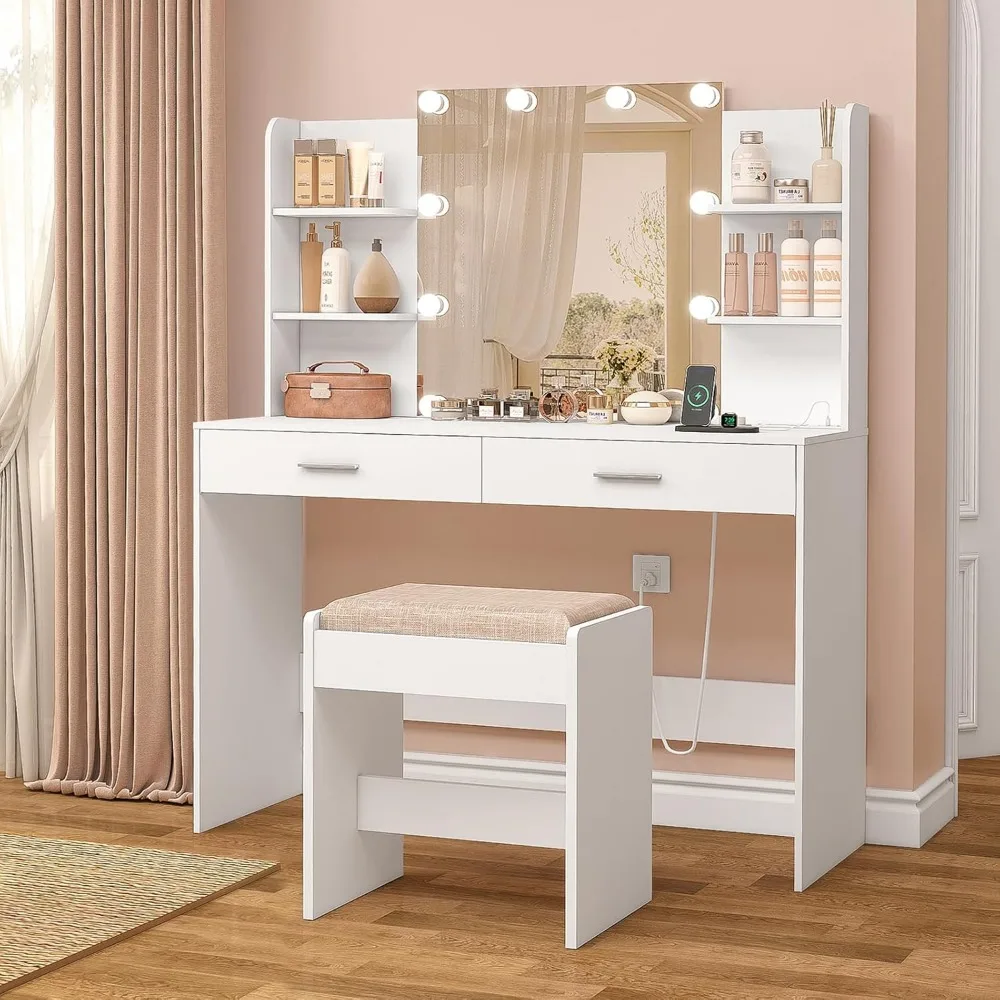 

Vanity Desk, Makeup Vanity Desk with Mirror & Lights,2 Drawers & 6 Storage Shelves,with Power Outlet, for Women Girls,Bedroom