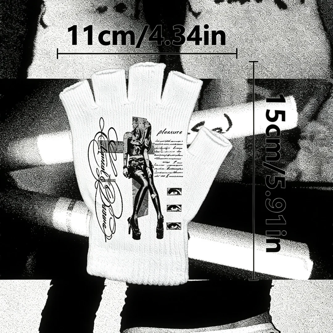 Y2K Subculture White Knit Fingerless Gloves Vintage Figure Text Print Gothic Grunge Half Finger Gloves