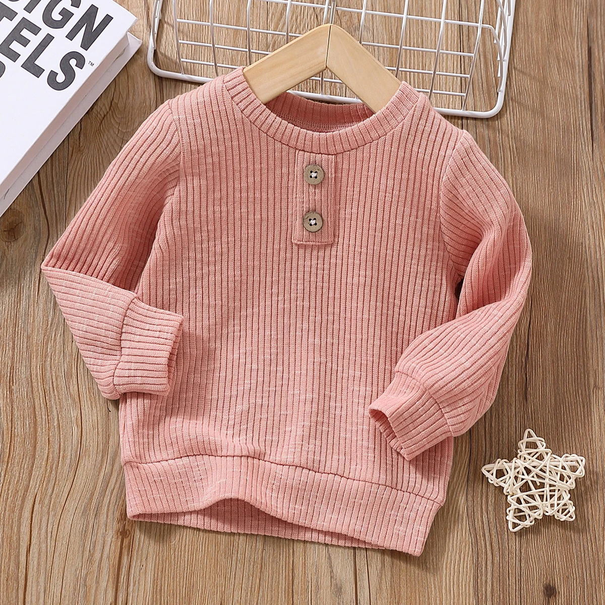 PatPat Baby Boy/Girl Button Design Solid Ribbed Knitted Long-sleeve Pullover Top