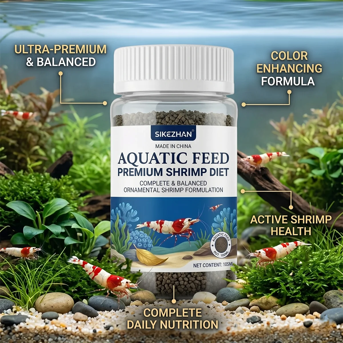 SIKEZHAN Alimento Premium para Camarones en Pellets de 105 ml, Dieta Diaria Nutritiva para Camarones Rojos Cherry Crystal y Peces de Acuario
