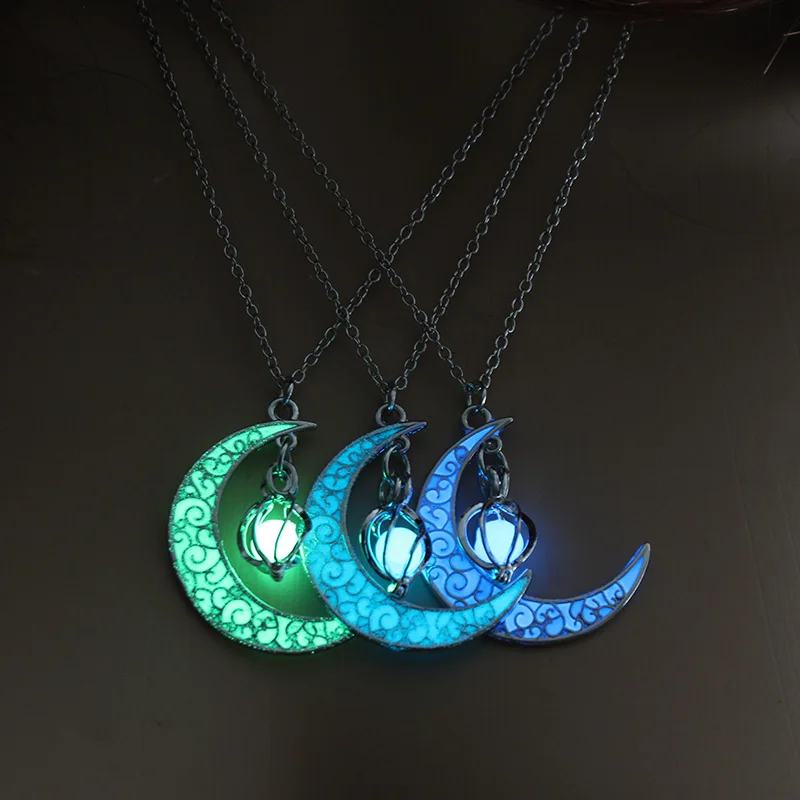 Night Fluorescence Novel Luminous Glowing Hollow Cage Moon Star Planet Pendant Glow In The Dark Necklace for Halloween Gift