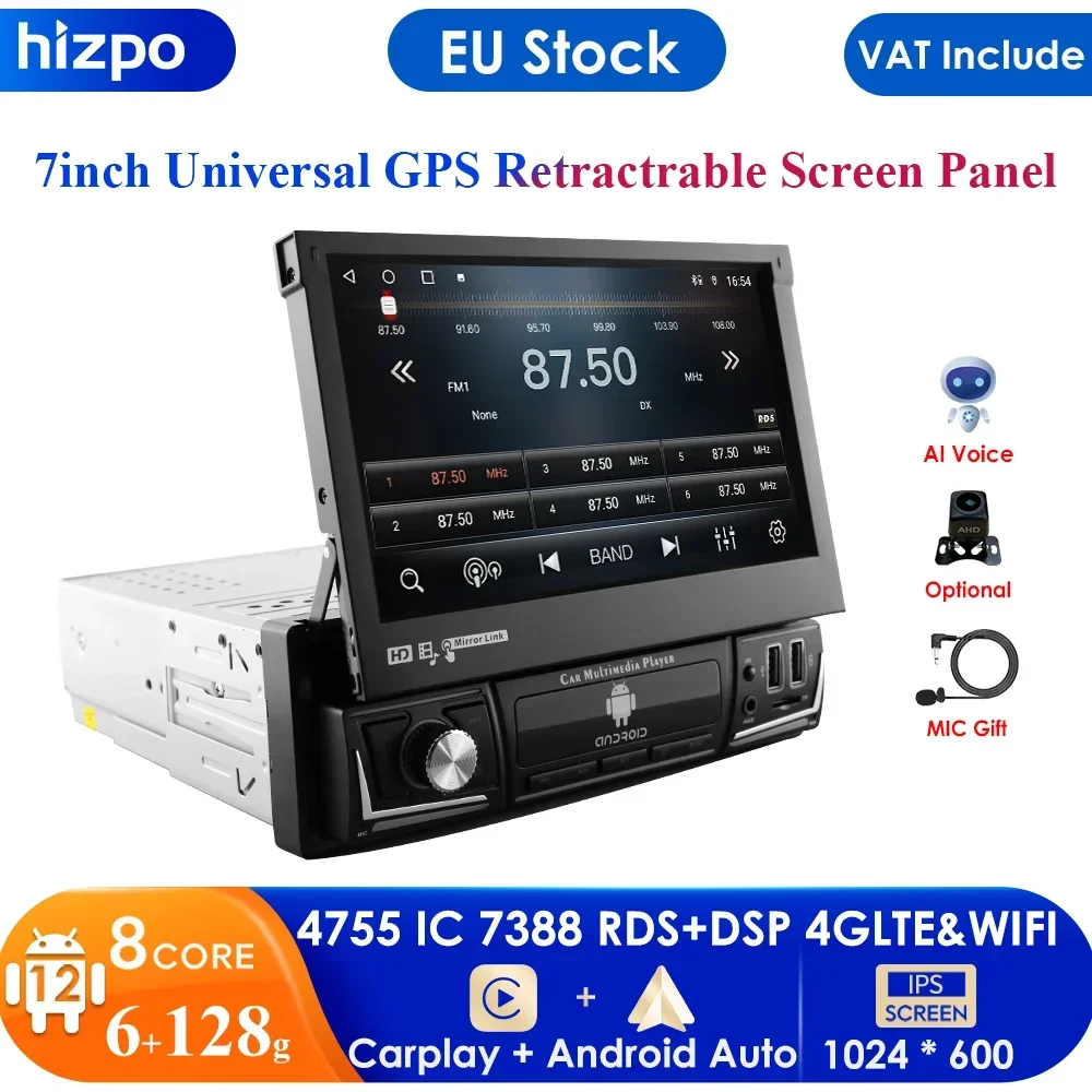 1din Car Radio CarPlay Auto GPS Navigation IPS Retractable Screen Adjust 1 Din Android Multimedia Player Universal Audio Video