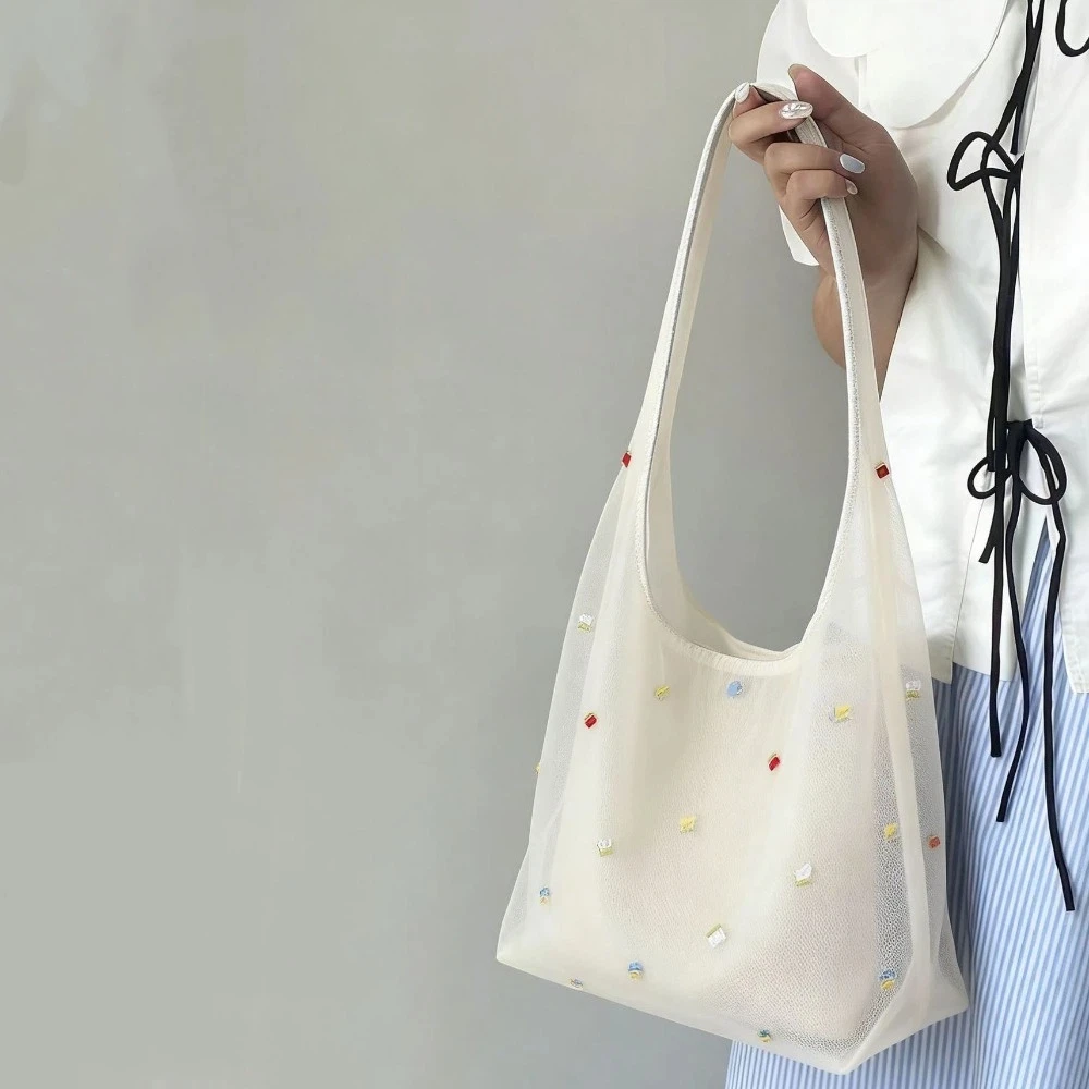 Large Capacity Embroidery Underarm Bag Luxury Korean Style Floral Embroidery Bag Elegant Gauze Material Mesh Tote Bag