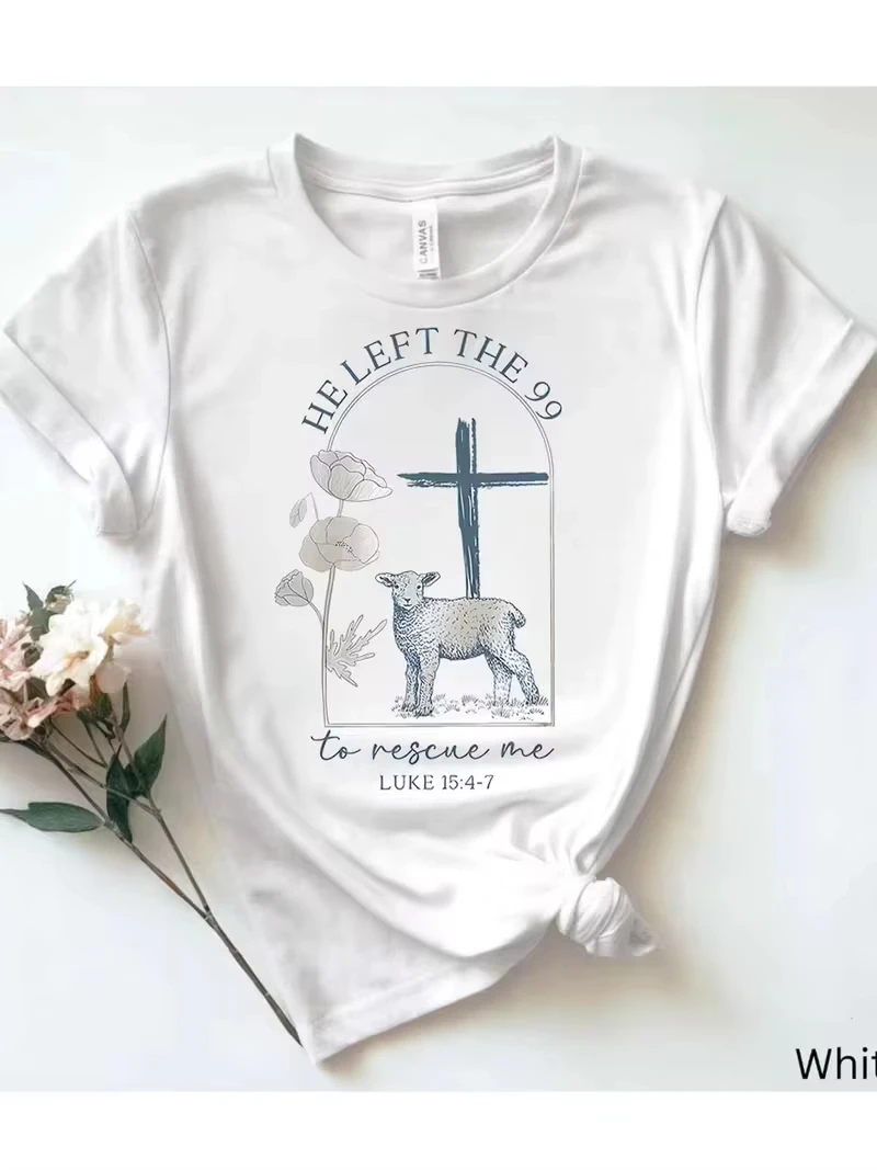 Unisex Faith Graphic T‑Shirt He Left The 99 To Find Me Print Lamb Cross Crewneck Short Sleeve Casual Inspirational Christian Tee