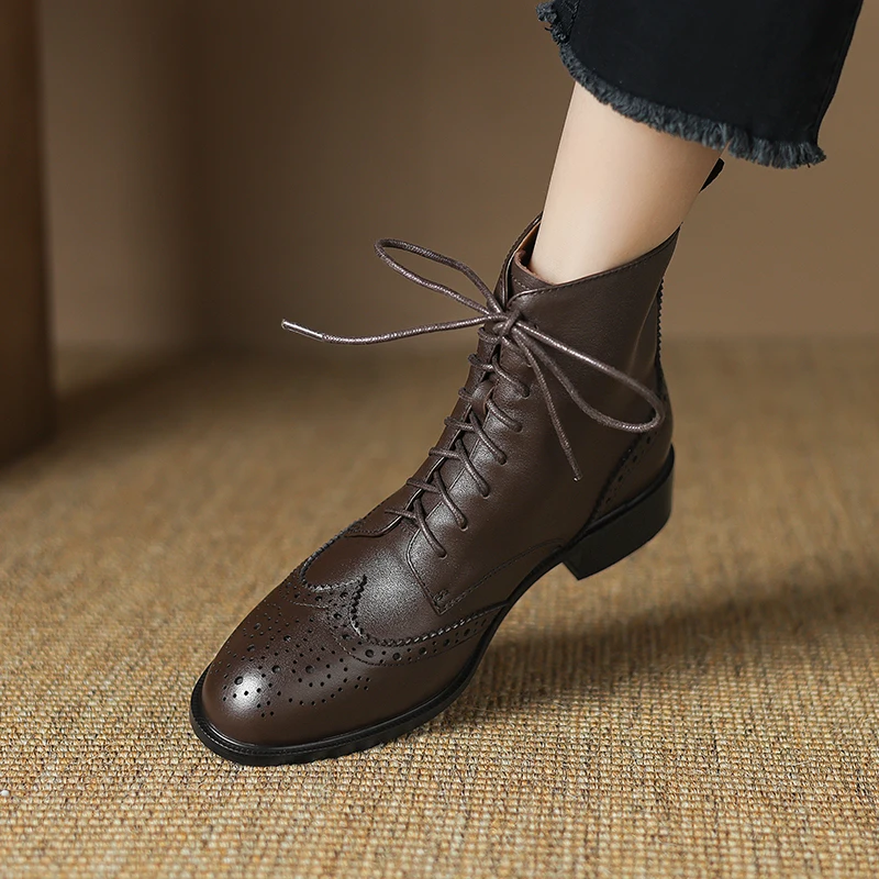 2024 Genuine Leather Boots Women Shoes Thick Sole Lace Up Autumn Winter Short Ankle Boots for Women High Heel Motorcycle Shoes