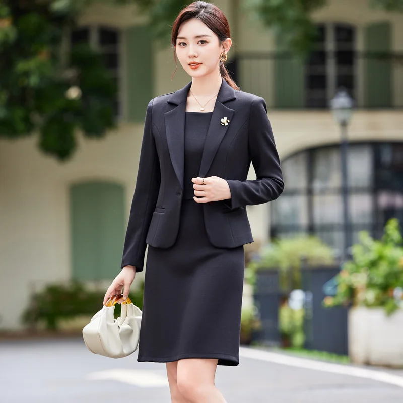 Formal Workwear Office Suit Women Long Sleeve Blazer + Slim Sleeveless Dress Set Elegant 2 Piece Set High Quality Solid Jacket