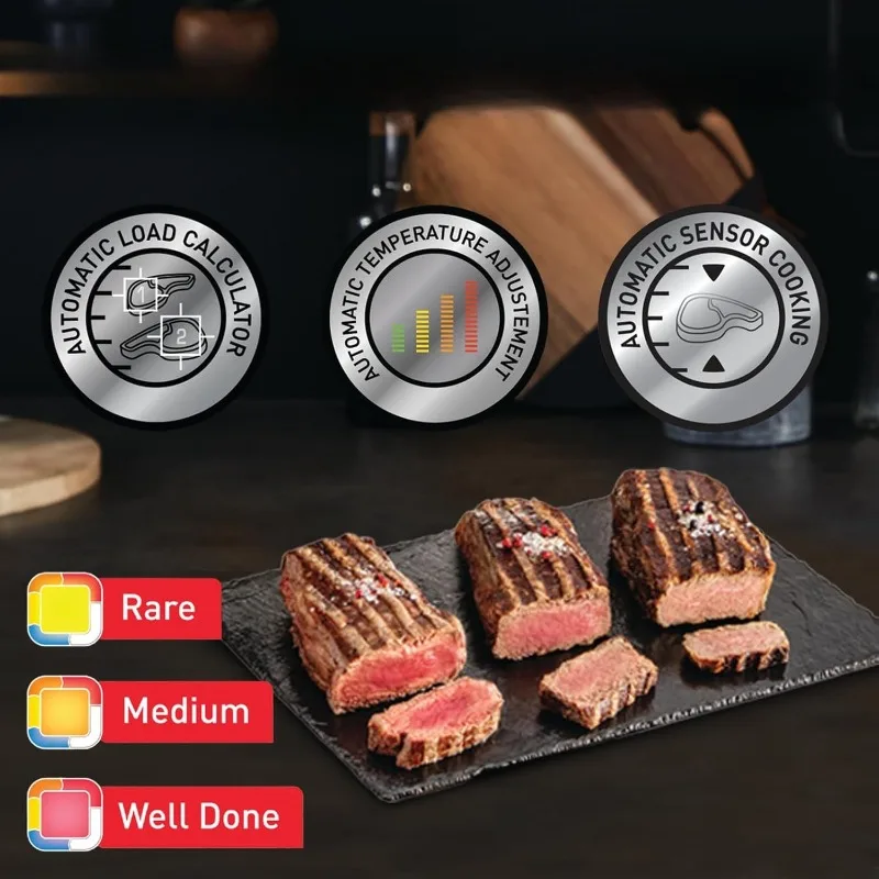 Elektryczny grill ze stali nierdzewnej OptiGrill na 4 osoby, 6 automatycznych trybów gotowania, inteligentne grillowanie od miękkiego do dojrzałego, 1800