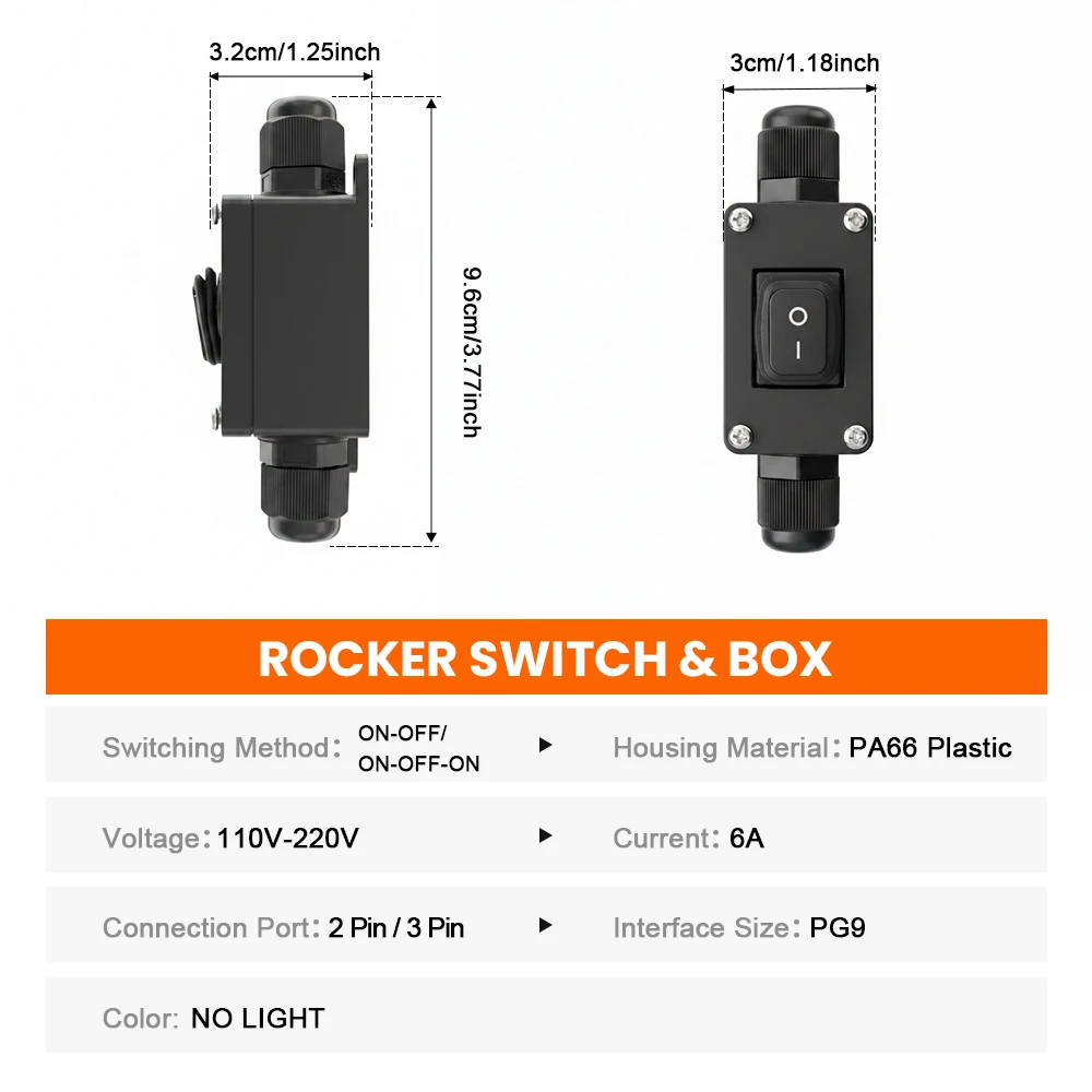 2PCS 110V 220V 6A Rocker Switch Box, No Light Inline Switch, Waterproof PA66 Flame Retardant Surface Mount for Home Lamp