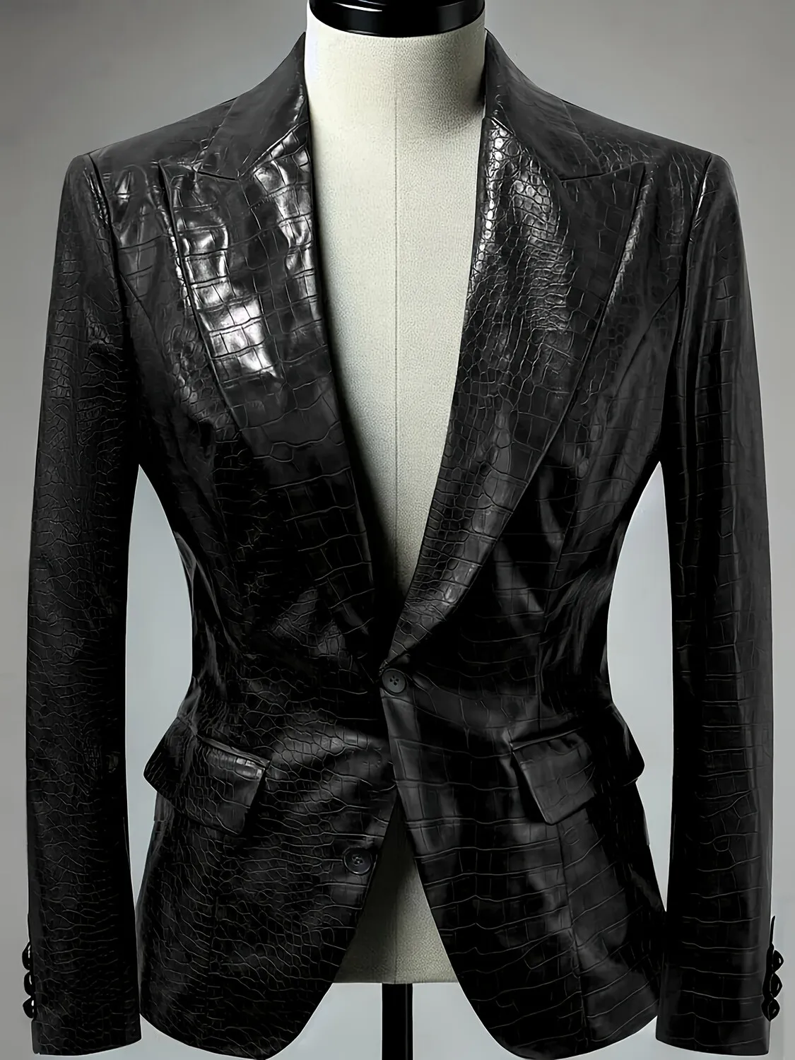 

Women Fashion Double Button Blazer Coat PU Leather Crocodile Pattern Lapel Long Sleeve Pockets Vintage Female Outerwear Jackets