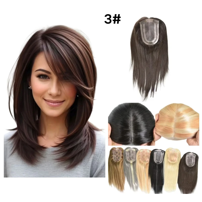 Hand Tied Women Topper 100% Human Hair Mono Pu Base 4x6inch 14inch Middle Part Durable & Long Lasting
