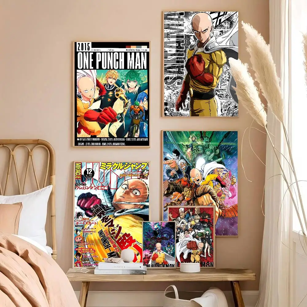 One Punch Man Saitama Anime Selbstklebendes Kunstposter, HD-Qualität, Wandkunst, Retro-Poster für Heimdekoration