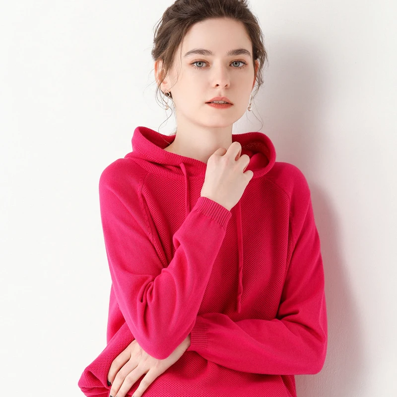Women‘s Hooded Clothing Spring And Autumn Long Sleeved Fashion Casual Versatile Tops Knitted Pure Cotton Hooded Collar Pullover