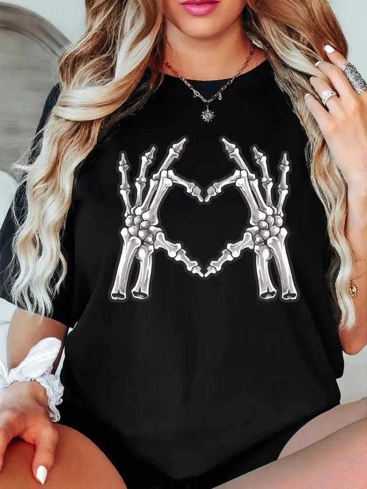 

Summer American cartoon skeleton finger gesture printed T-shirt new style ins women casual personality simple half-sleeved top