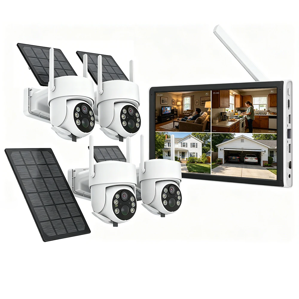 

Outdoor Wireless Solar Security Camera System 4PCS 4MP Battery Cameras 8CH NVR 10" LCD Monitor 2.4G WiFi CCTV Kit Motion Alert