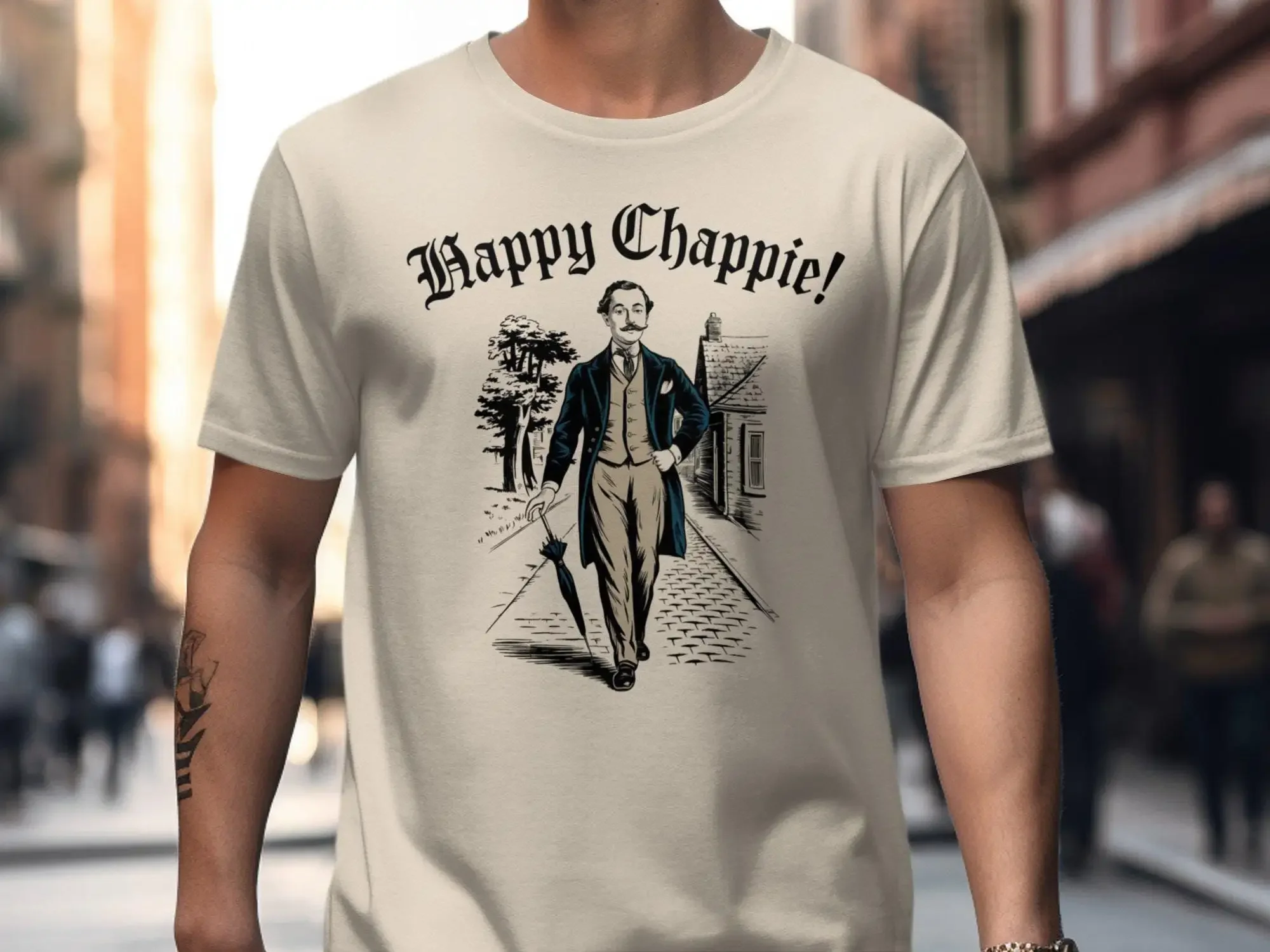 Camiseta Vintage Happy Chappie, Estilo Retro de Caballero Caminando, Estilo Clásico, Arte Nostálgico, Única para Él, Estilo Antiguo