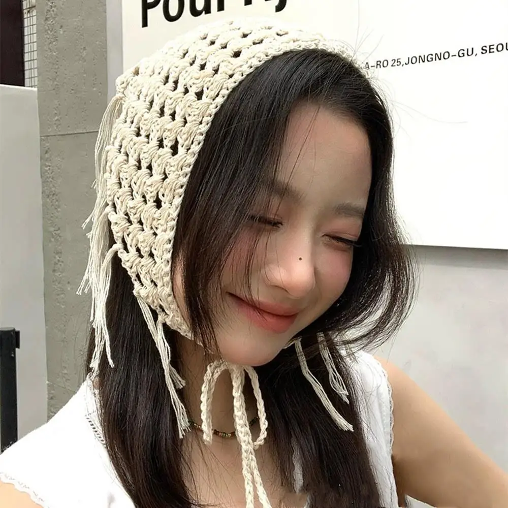 Jilbab Bunga Rajutan Berongga Mode Syal Rambut Segitiga Rumbai Bohemian Rok Setengah Bersabuk Musim Panas Pembungkus Syal Rambut Berlapis