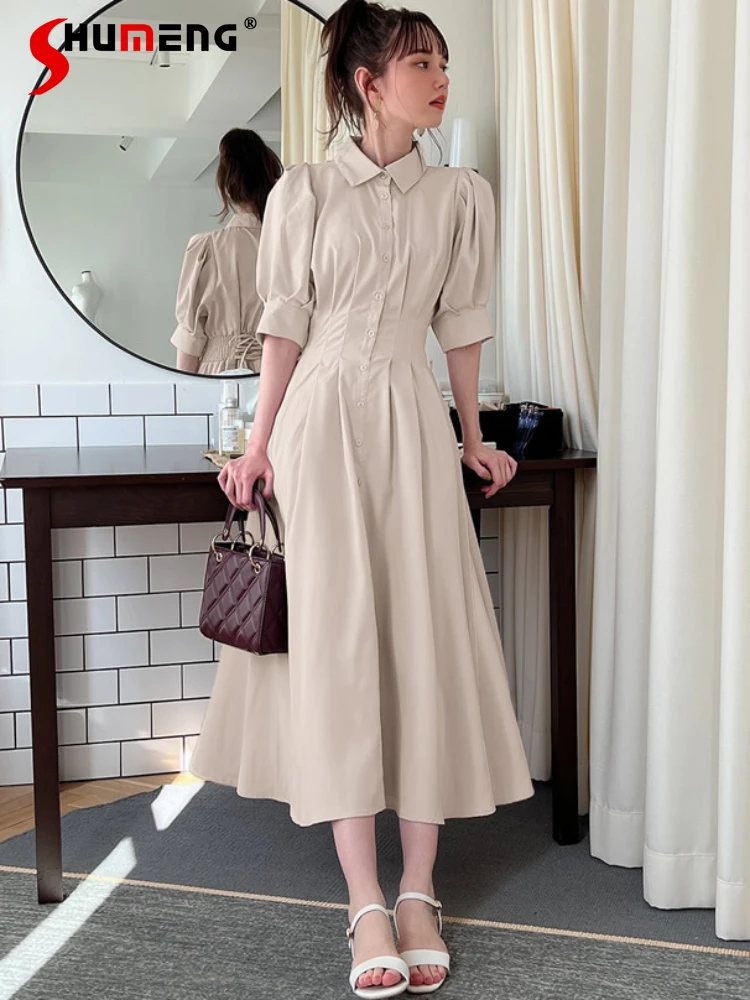 Japanese Style Sweet Back Lace-up Bow POLO Collar Short Sleeve Single Breasted High Waist Pleated Slim A-line Long Dress Women