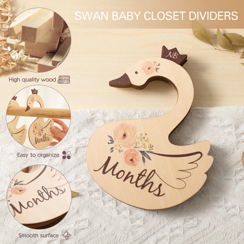 7Pcs/Set Baby Closet Dividers 24 Months Newborn Closet Dividers Wardrobe Organizers  Infant Wooden Swan Shape Clothes Dividers