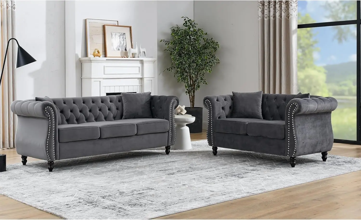 

Chesterfield Velvet Combination Sofa for Living Room,3-Seater and Loveseat Tufted Couch with 4 Pillows,Rolled Arms and Nailhead