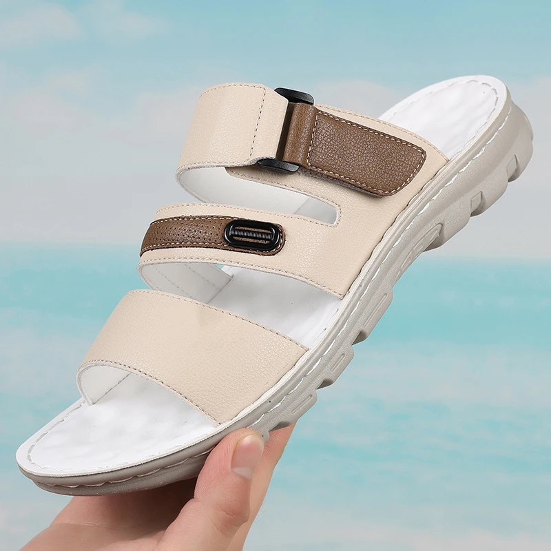 Men's Casual Slip-On Sandals with Color Block Magic Tape Anti-Slip Soft Sole Wear-Resistant Outdoor Beach Thong Shoes-8908
