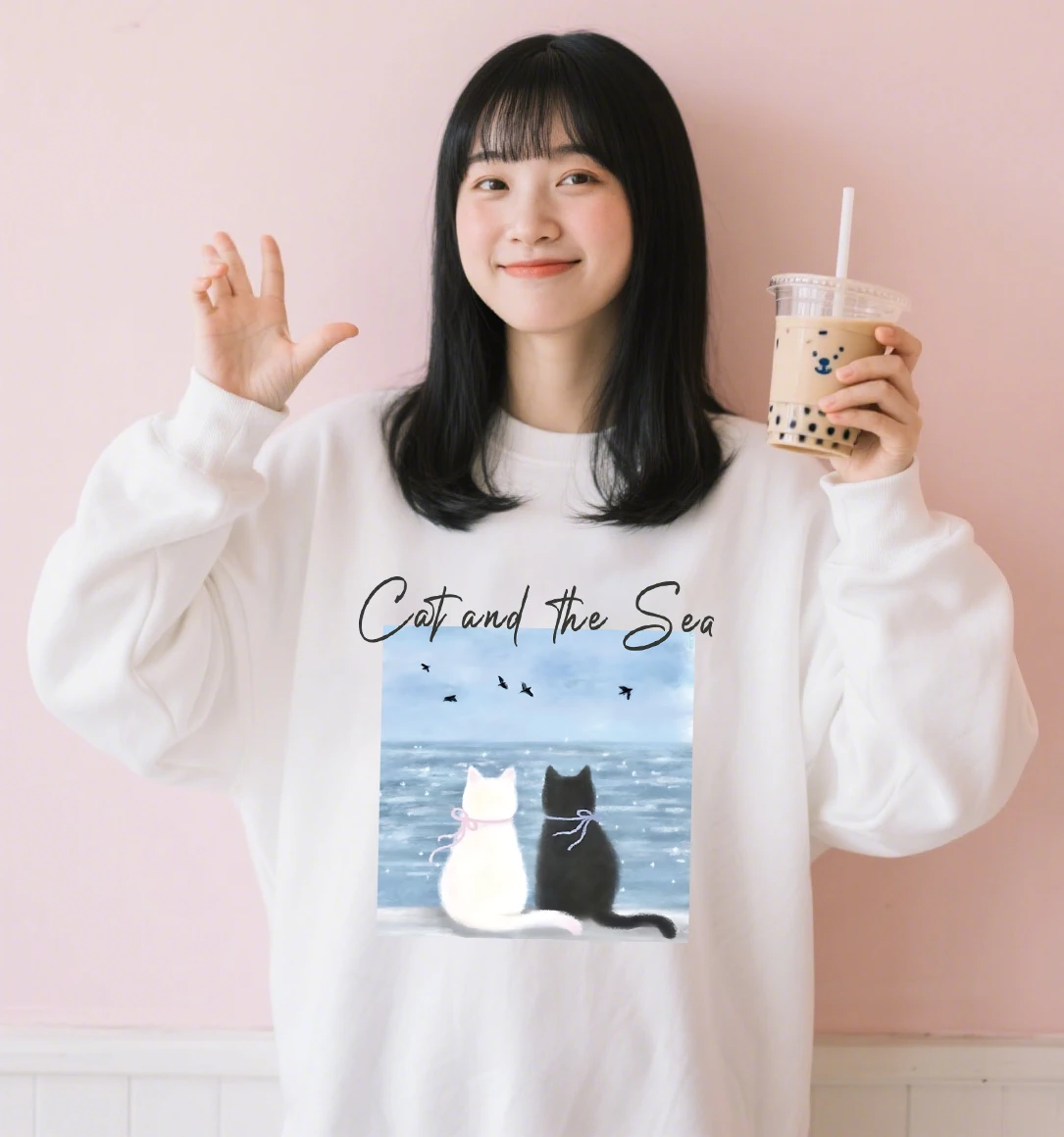 Sudadera con estampado de cartel de gato y el mar para mujer, Tops de lana a la moda urbana, jersey informal de otoño, ropa cómoda