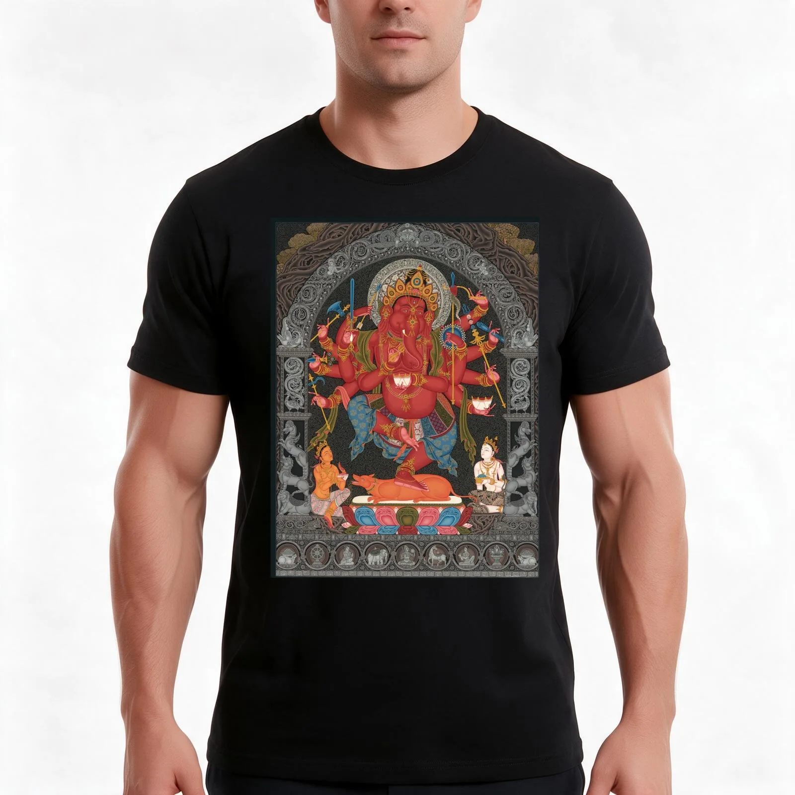 Mandala 127 Red Twelve Armed Ganesh Sakya T-Shirt, Summer Casual Cotton Tee, Oversized Streetwear Tops, Vintage Graphic Print