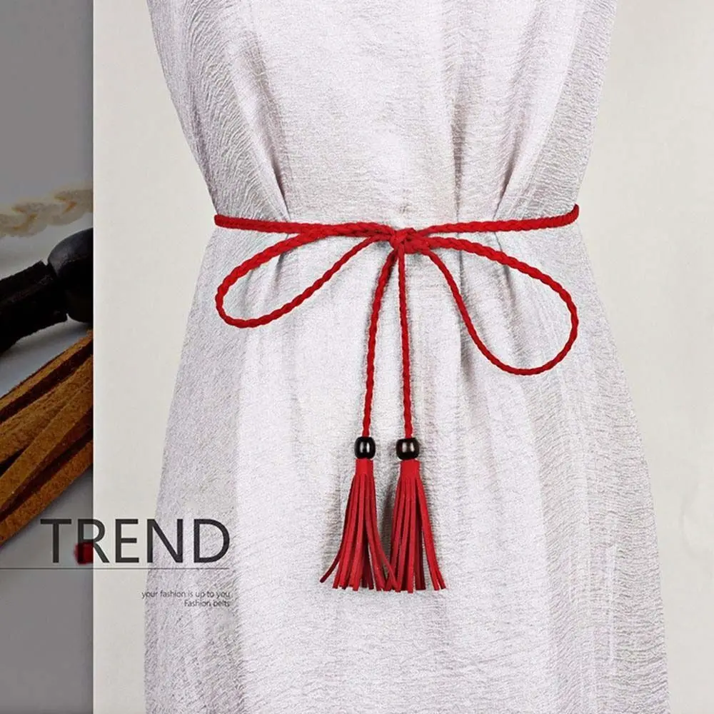 Wooden Bead Thin Belts Women Long Leather Braided Rope Braid Waist Belt Bohemia Girls Summer Waistband for Dress