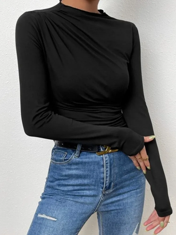 

Solid Color Slim Fit Bottoming Shirt Versatile Ruffled Long Sleeve T-Shirt Women's Top Commuting Temperament Trendy Comfortable
