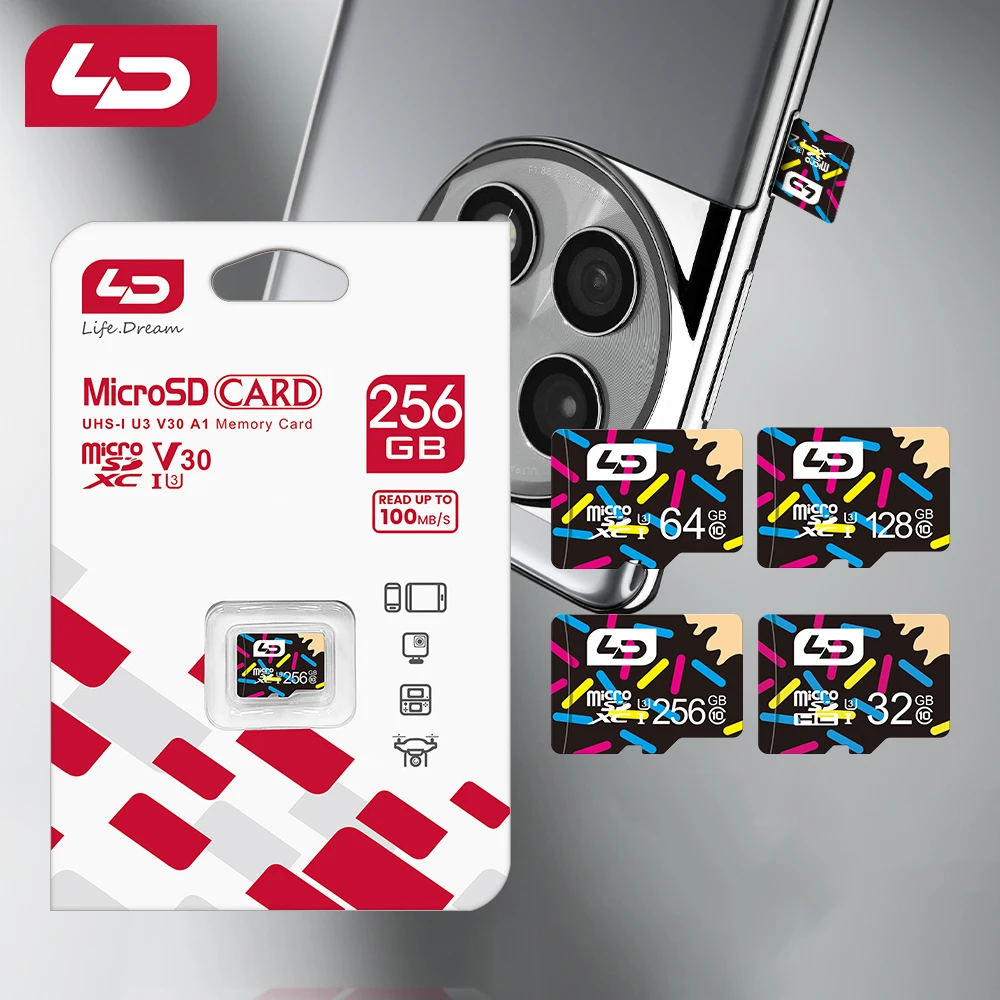 بطاقة ذاكرة LD High Speed Class 10 Micro SD - 256/128/64/32/16GB U3 تصنيف تخزين قابل للتوسيع للهواتف الذكية والكاميرا والمراقبة