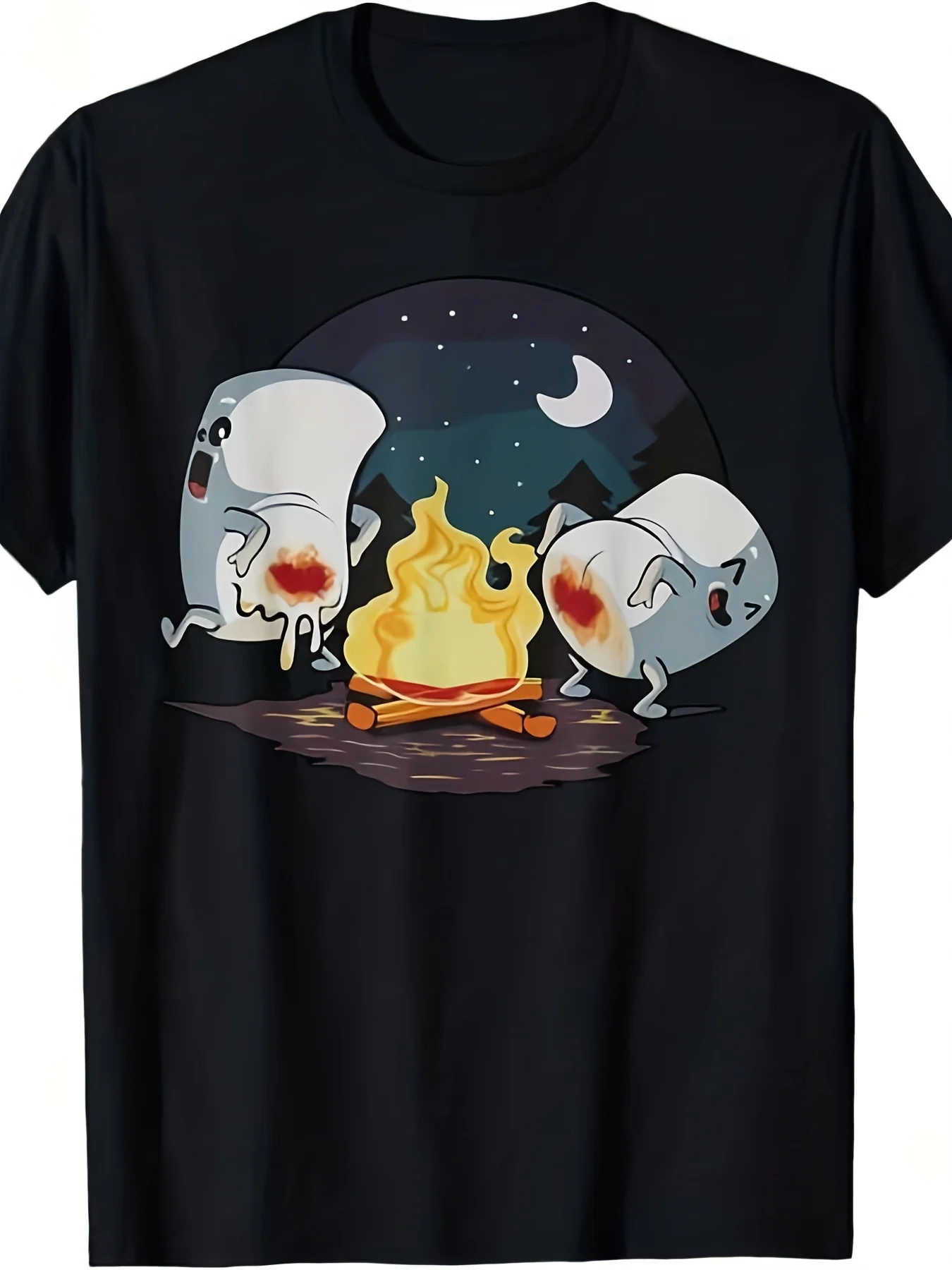 2025 Summer New, Pure Cotton Short‑Sleeved T‑Shirt, Campfire Roasted Marshmallow Theme Design, Suitable For Gifts For Dads And Yoga Lovers