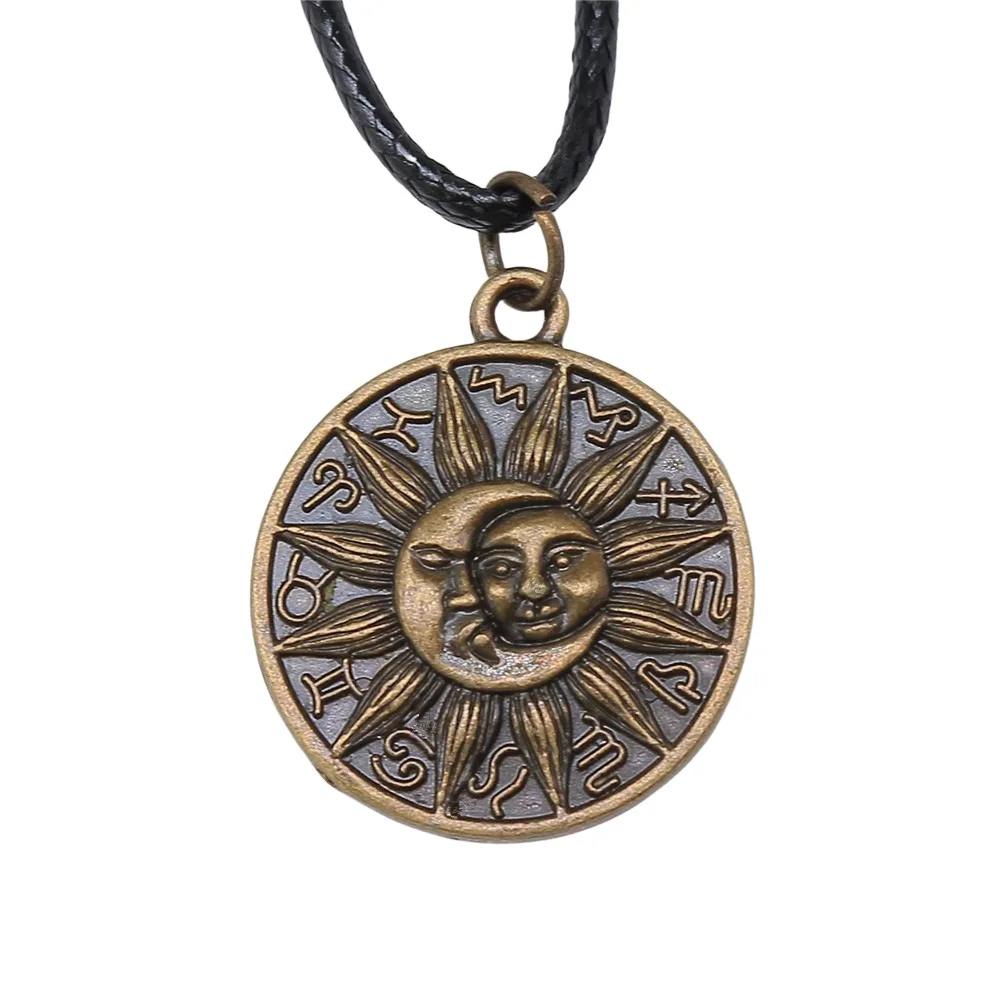 Retro Vintage Unisex 2 Colors 28x25mm Moon And Sun Zodiac Pendant Faux Black Leather Rope Chain Necklace