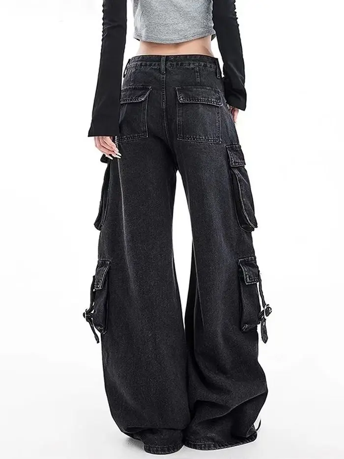 Zwarte Gothic Punk Multi-Pocket Rits Denim Jeans Mannen En Vrouwen Y2K Amerikaanse Baggy Mode Hoge Taille Losse Wijde pijpen Jeans