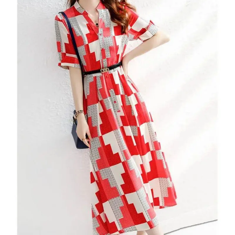 

Plaid dress female summer 2024 new fashion niche plus size loose slim print striped shirt long skirt summer dress