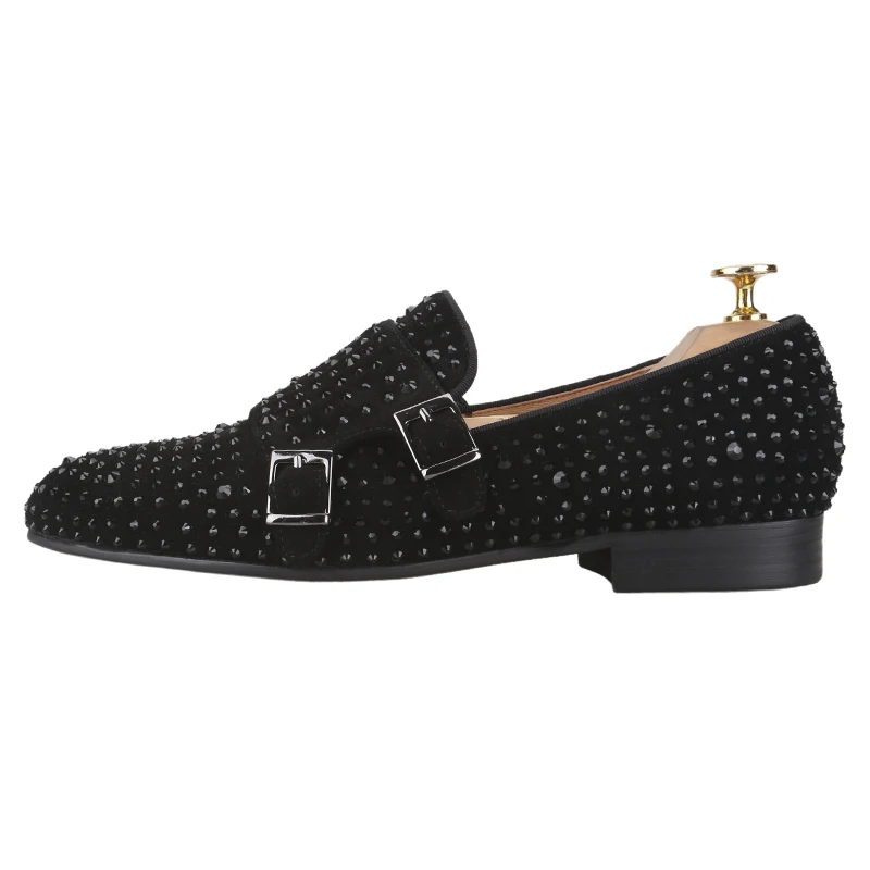 Piergitar New Black Suede Men Double Monk Shoes With Handmade Rhinestones Party And Prom Style Slip-On Loafers For Formal Wear