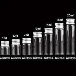 Botellas de vidrio transparente con tapa de rosca de aluminio plateado, frascos bonitos para manualidades, 5ml, 6ml, 7ml, 10ml, 14ml, 18ml, 20ml, 100 piezas