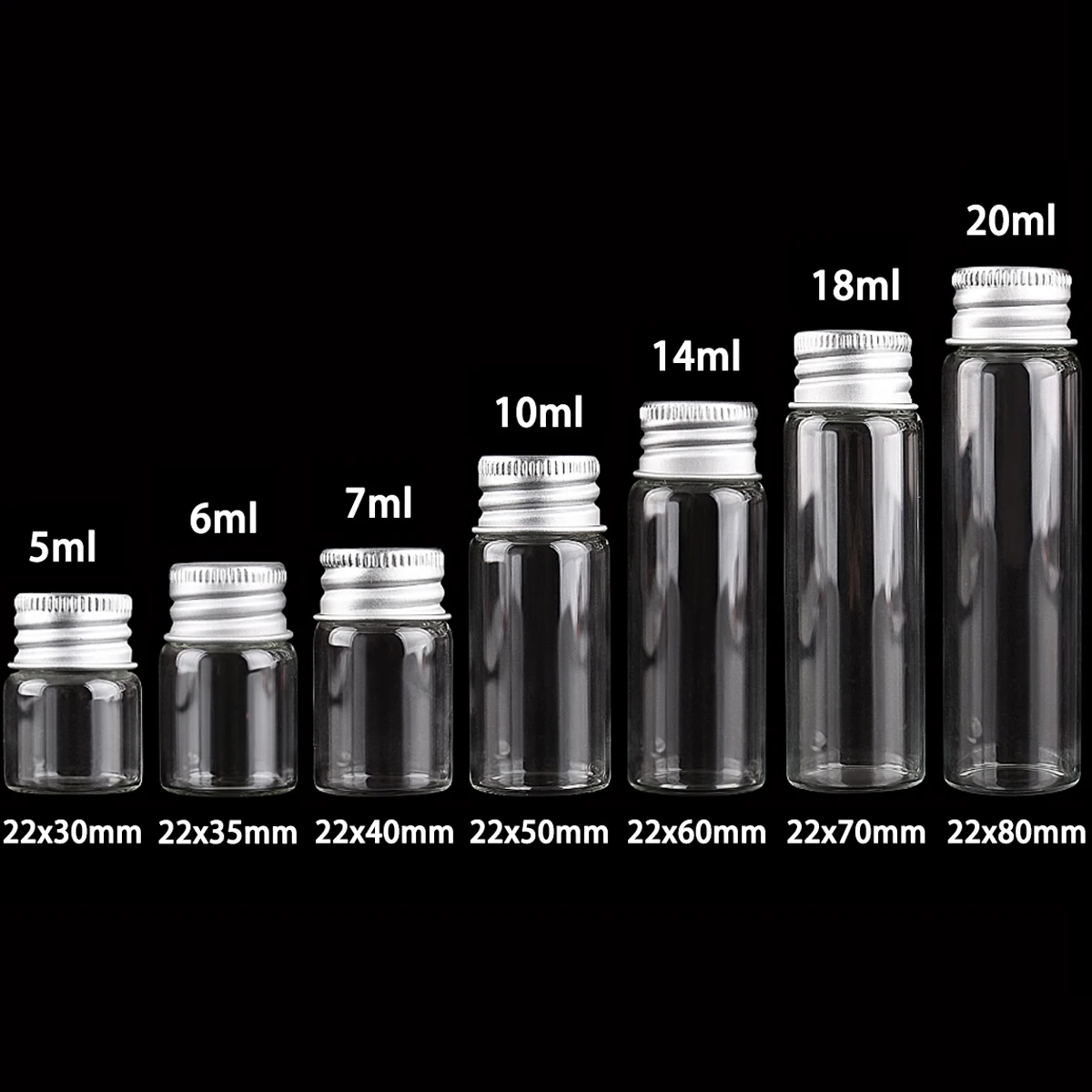 5ml 6ml 7ml 10ml 14ml 18ml 20ml małe przezroczyste szklane butelki ze srebrnym zakrętka aluminiowa słodkie słoiki fiolki DIY Craft 100 sztuk