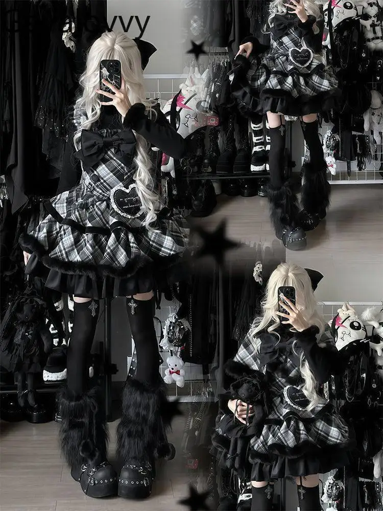 

Японское платье в стиле лолита с клетчатыми вставками, черно-белое, приталенное, с завязками на талии, и комплект с внутренним топом-накидкой