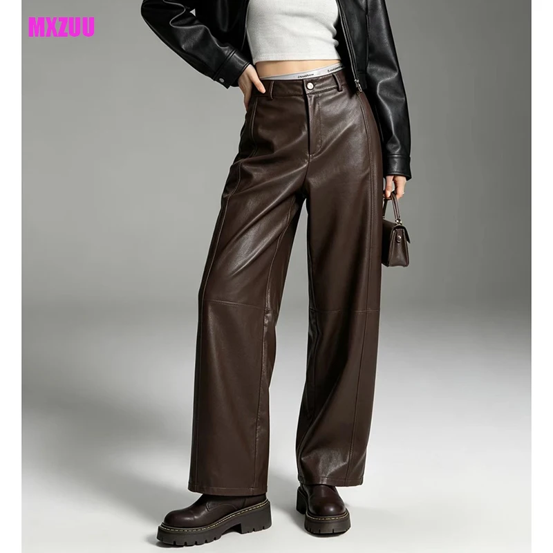 Brown Genuine Leather Pants for Women Sheepskin Splicing High Waist Versatile Loose Casual Straight Leg Trousers Pantalon Femme