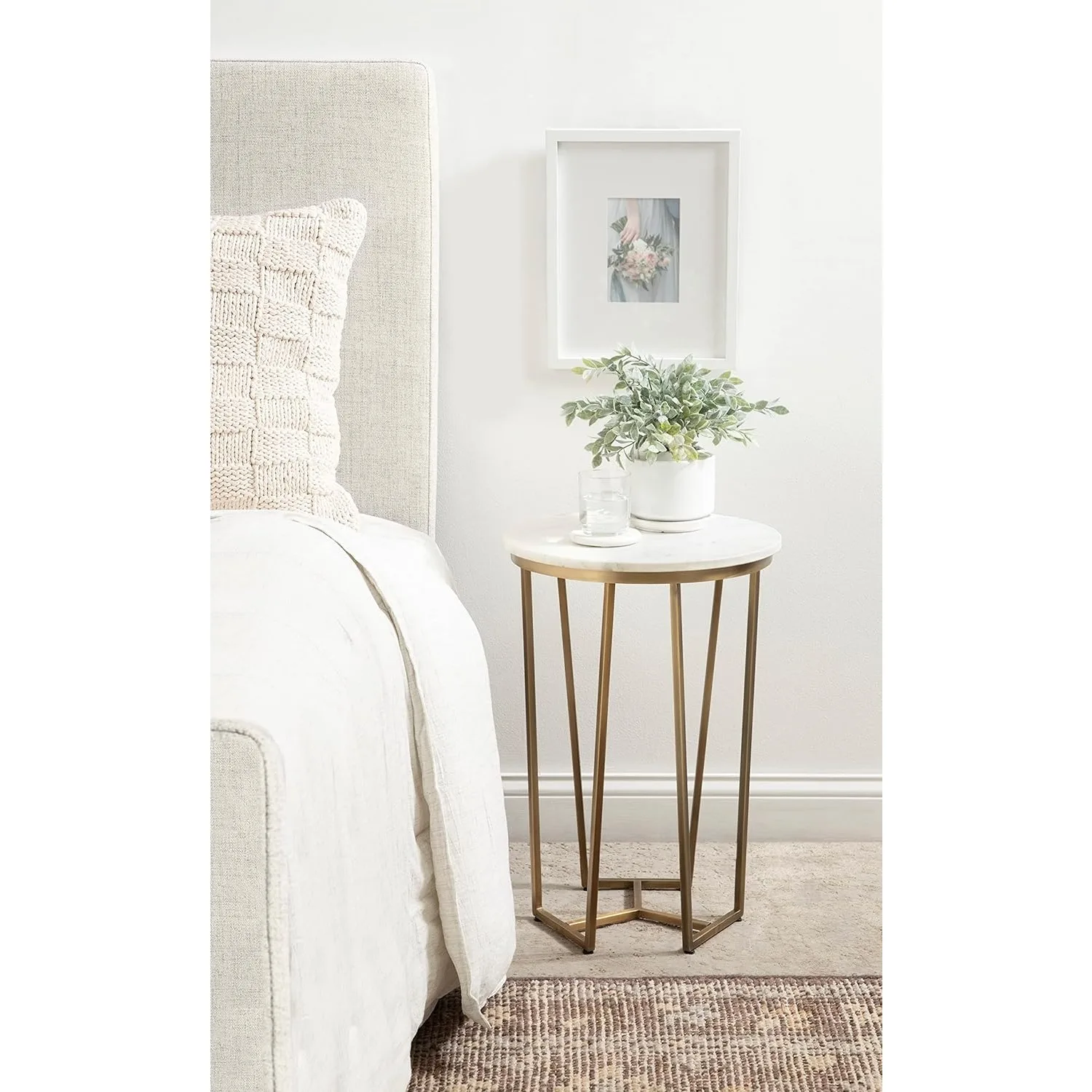 Solvay Round Metal and Marble Side Table, 16 x 16 x 24, White Marble and Antique Brass, Modern Glam