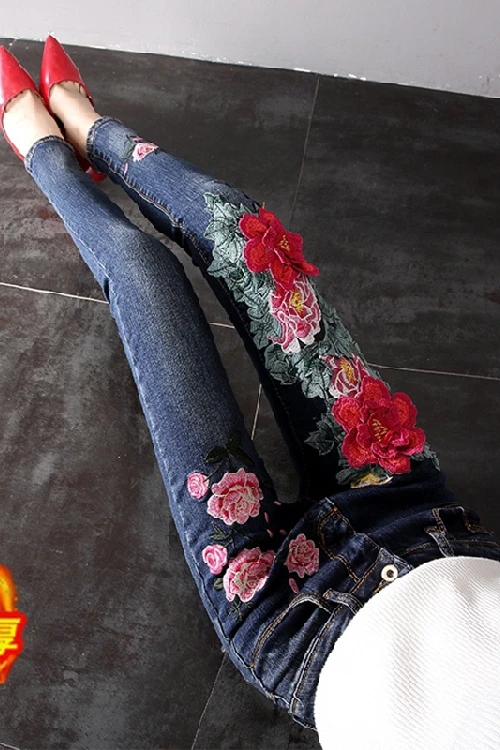 Jeans skinny Foral pour femme, broderie de fleurs de pivoine, pantalon en denim commandé National Wind, printemps et automne, fjMujer