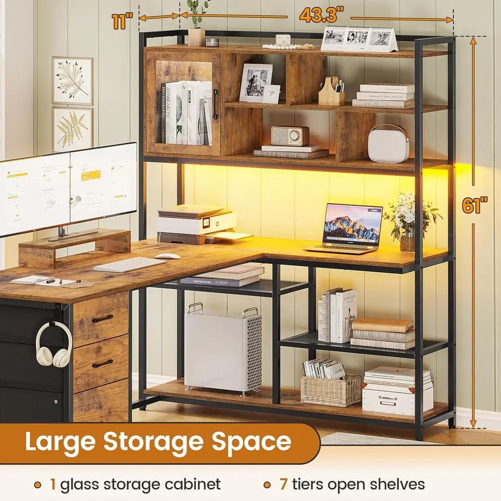58 L-Shaped Office Desk with 3 Drawers, Bookshelf, Storage Shelves, and LED Lighting - Rustic Brown