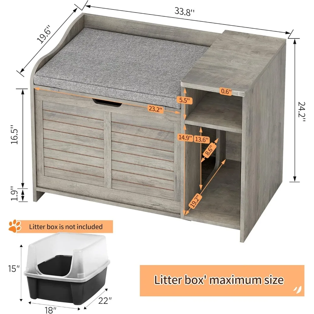 Litter Box Enclosure with Top Opening with Cushion, Litter Box Hidden, Cat House, Privacy Cat Litter Box Cabinet