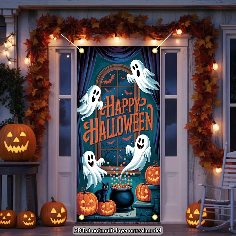 2D curtain banner, 1 large Halloween door decoration - Happy Halloween Party. Durable polyester fabric.XY